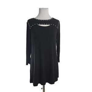 Max & Rina Black Jersey Studded Keyhole 3/4 Sleeve Tunic Top Large L